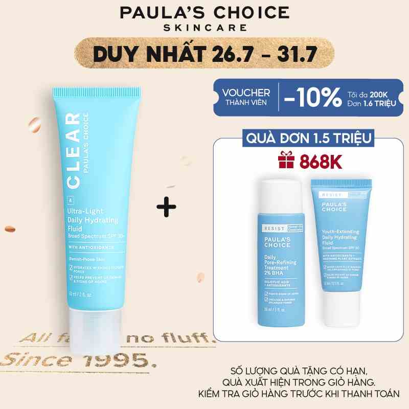 Kem chống nắng dành cho da mụn Paula’s Choice Clear Ultra-Light Daily Fluid SPF 30 - 60 ml 6130