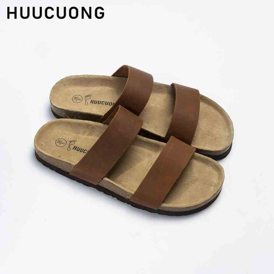 Dép unisex HuuCuong 2 quai da bò nâu đế trấu