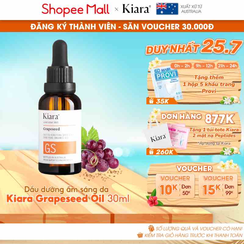 Dầu dưỡng ẩm mờ thâm mụn sáng da Kiara Grapeseed Oil 30ml