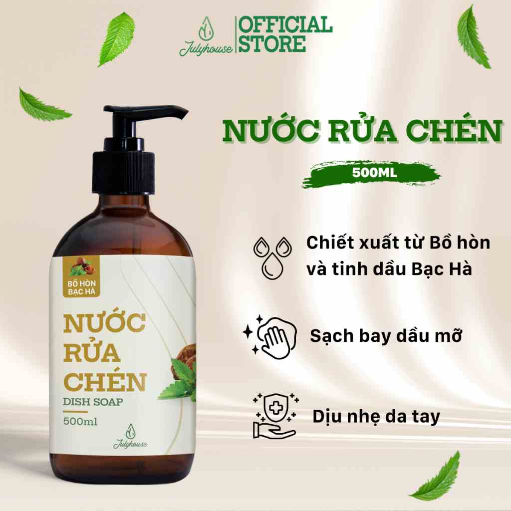 [Mới] Nước rửa chén hữu cơ chiết xuất Bồ Hòn và tinh dầu Bạc Hà 500ml JULYHOUSE khử mùi tanh