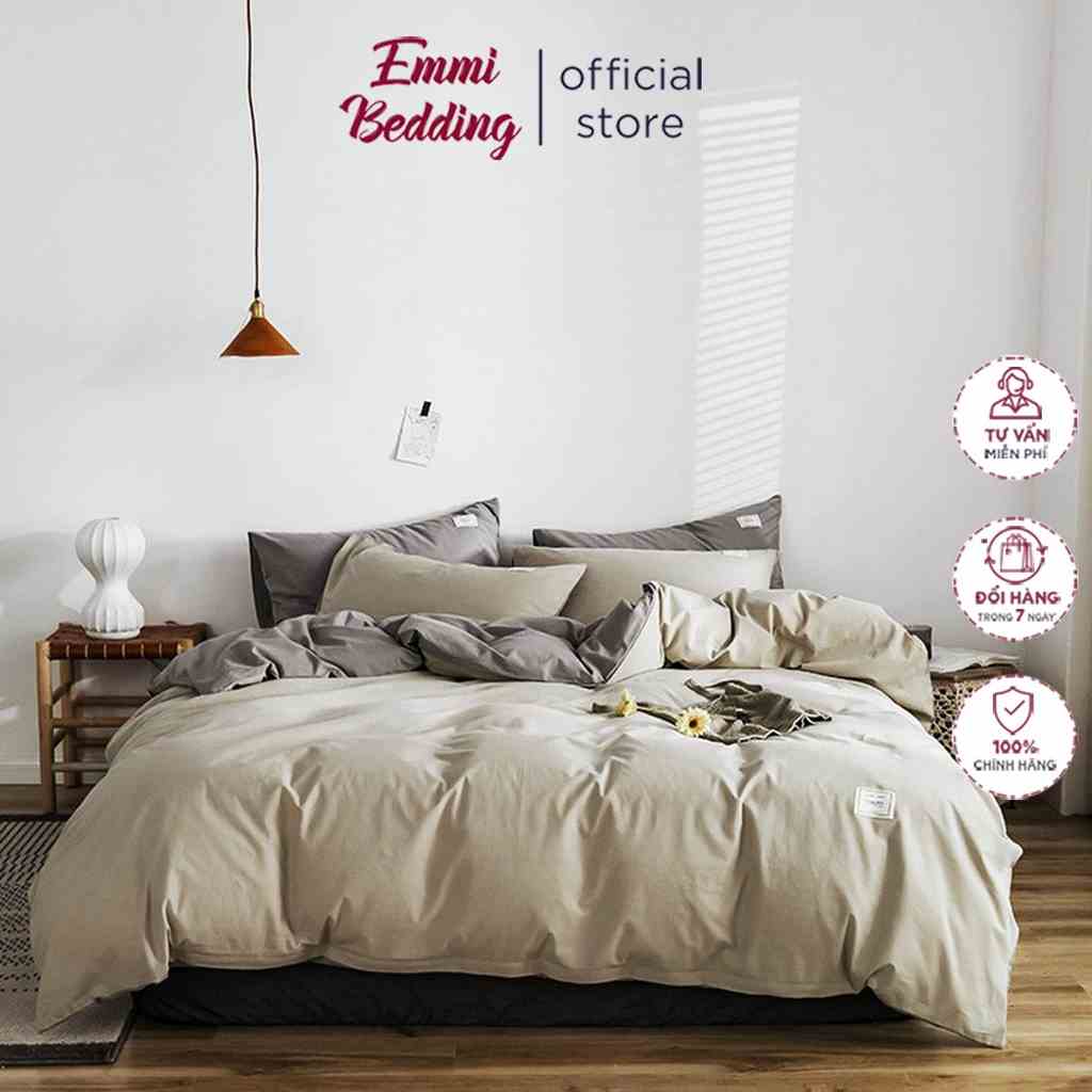 [Mã BMLTB35 giảm đến 35K đơn 99K] Bộ Chăn Ga Gối Cotton TC Emmidecor - Be phối ghi