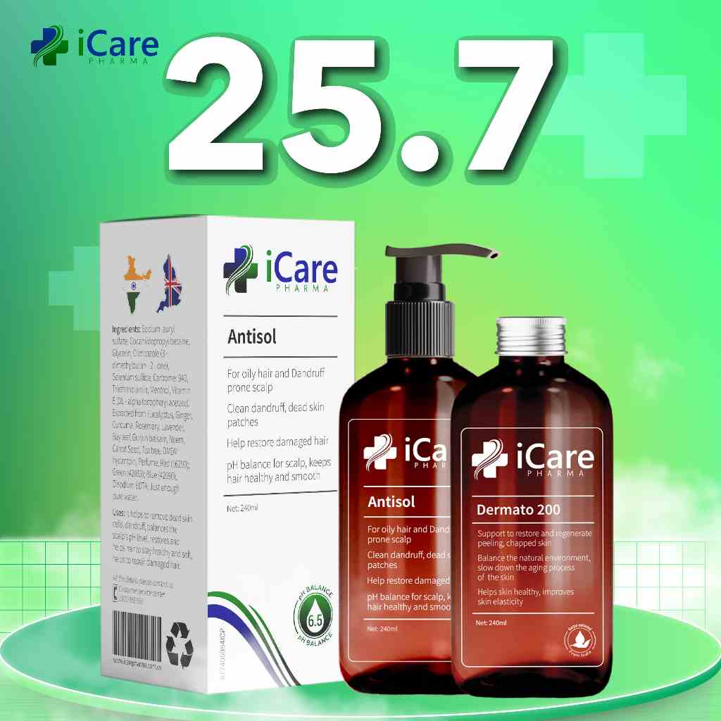 Combo Dermato 200 & Dầu Gội Sạch Gàu Antisol | Thương Hiệu iCare Pharma | Hỗ Trợ Phục Hồi Tóc Hư Tổn, Ngăn Ngừa Rụng Tóc