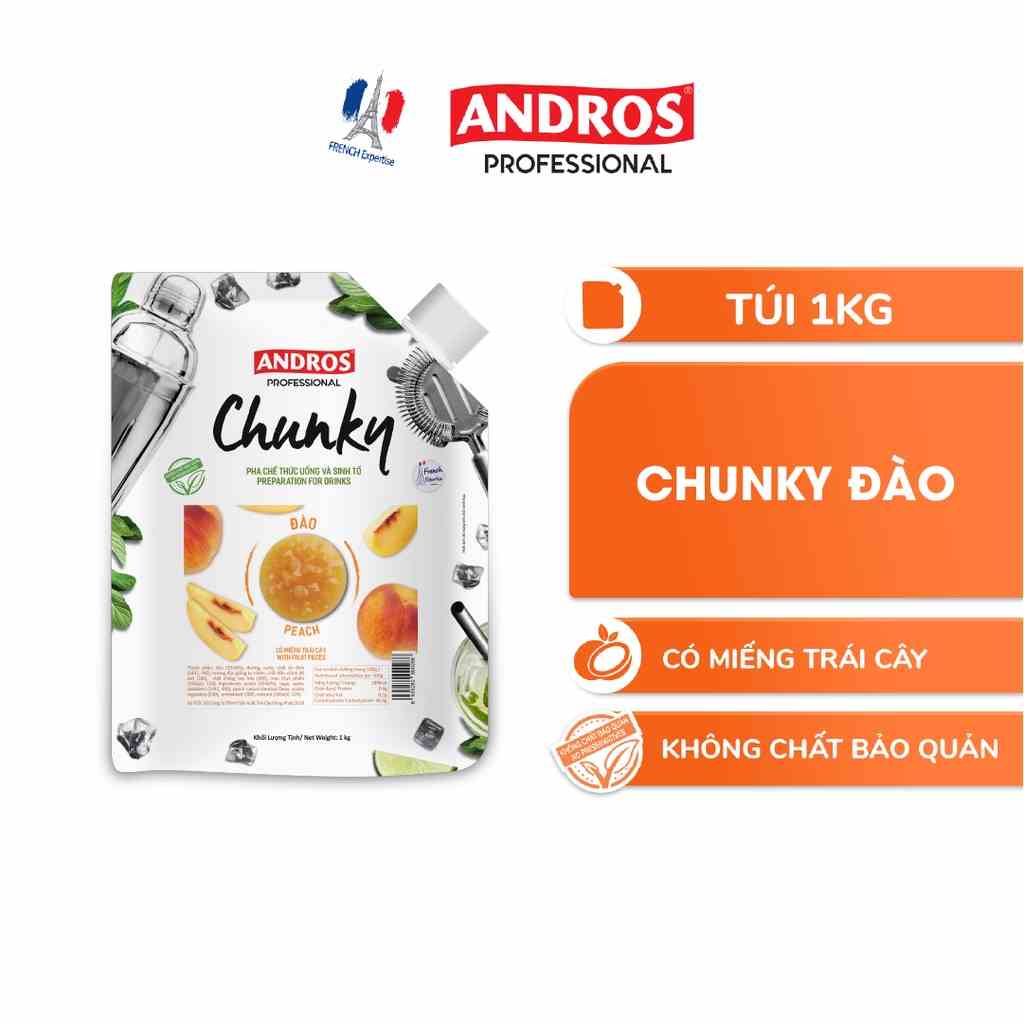 Mứt Trái Cây Pha Chế Đào - Có miếng trái cây thật - ANDROS CHUNKY - 1kg