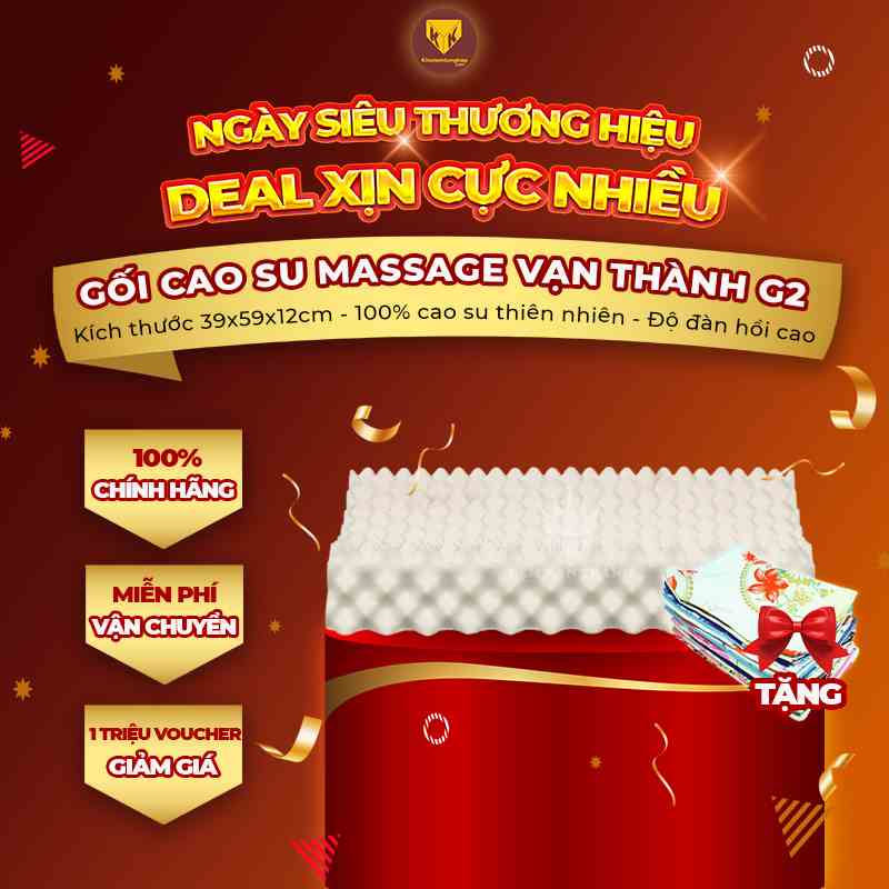 Gối cao su thiên nhiên Massage G2 Vạn Thành, kích thước 39x59, tặng vỏ gối - Chính hãng