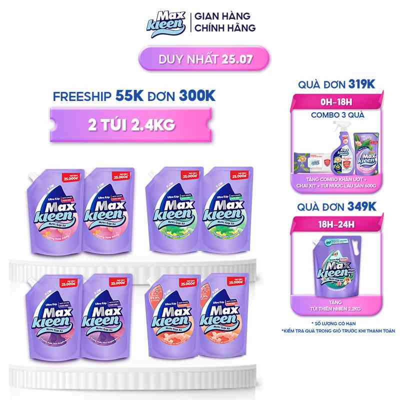 Combo 2 túi nước giặt xả Maxkleen 2.4kg/ túi Hương Huyền Diệu