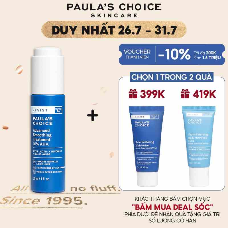 Lotion tẩy da chết làm sáng và căng bóng da Paulas Choice Resist Advanced Smoothing Treatment 10% AHA 30ml 7651