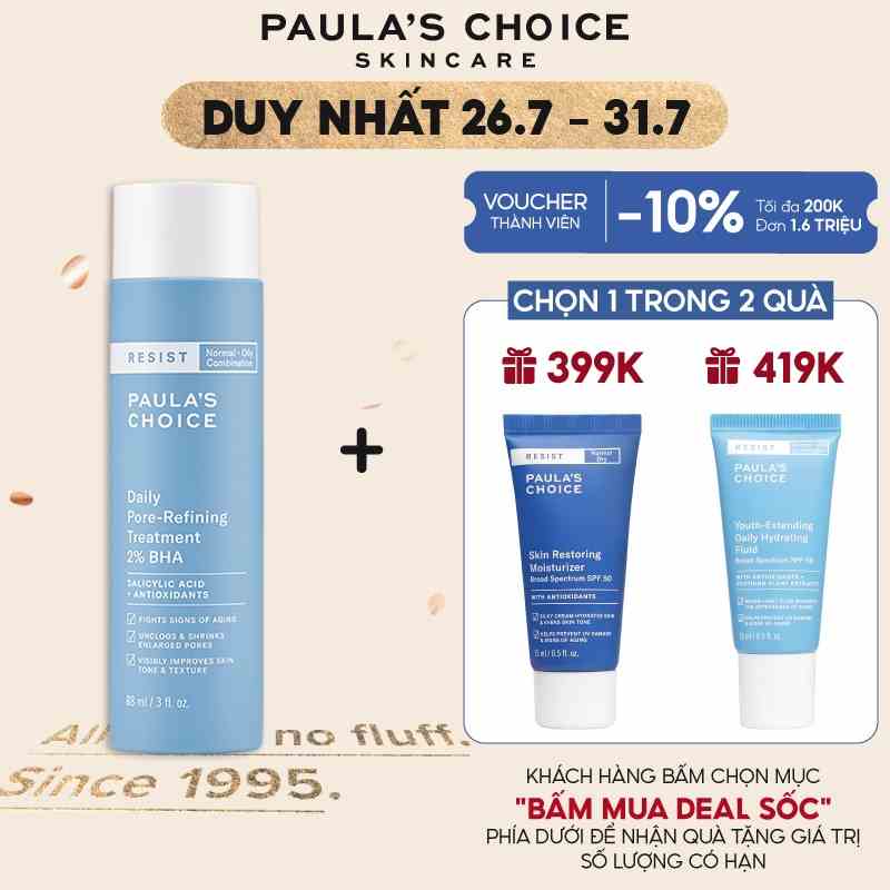 Dung dịch tẩy da chết, thu nhỏ chân lông Paulas Choice Resist Daily Pore Refining Treatment 2% BHA 88ml  - 7820