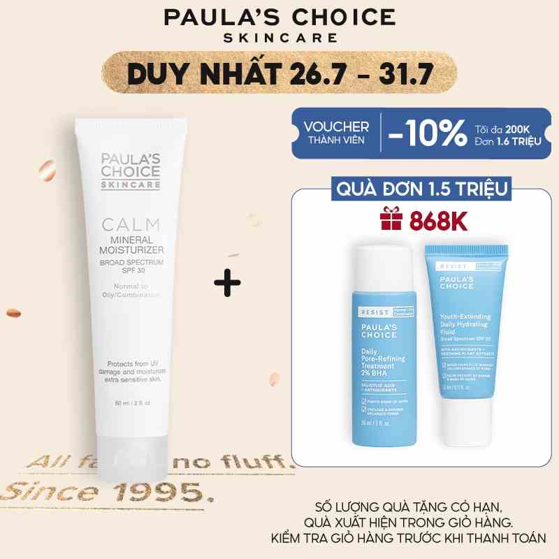 [Mã COSPAU1A giảm 8% đơn 400K] Kem chống nắng cho da nhạy cảm Paula’s Choice Calm Mineral Moisturizer SPF 30 60ml 9170