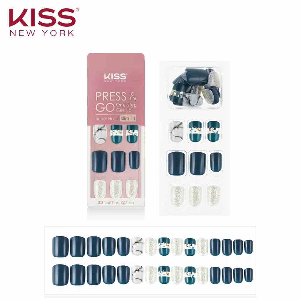 Bộ 30 Móng Tay Gel Tự Dán Press & Go Kiss New York Nail Box - Deep Green Marble (KPNS22K)