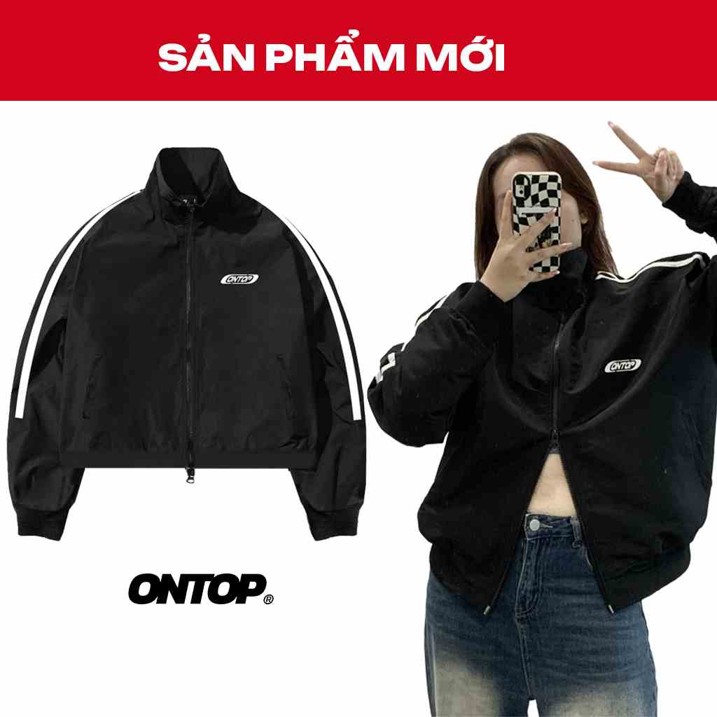 Áo khoác dù Local brand nam form boxy màu đen, cổ trụ ONTOP Stripes Jacket I O22-AK3