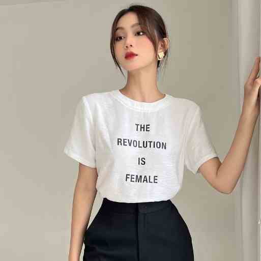 COCO SIN - Áo Lụa In Logo Trắng The Revolution Cổ Tròn