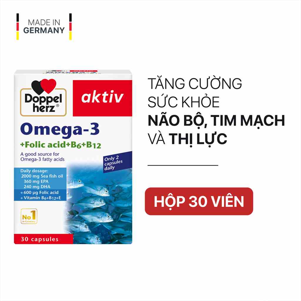 [TPCN Nhập Khẩu] Viên uống tăng cường thị lực, tim mạch và não bộ Doppelherz Omega 3 + Folic acid + B6 + B12 (Hộp 30v)