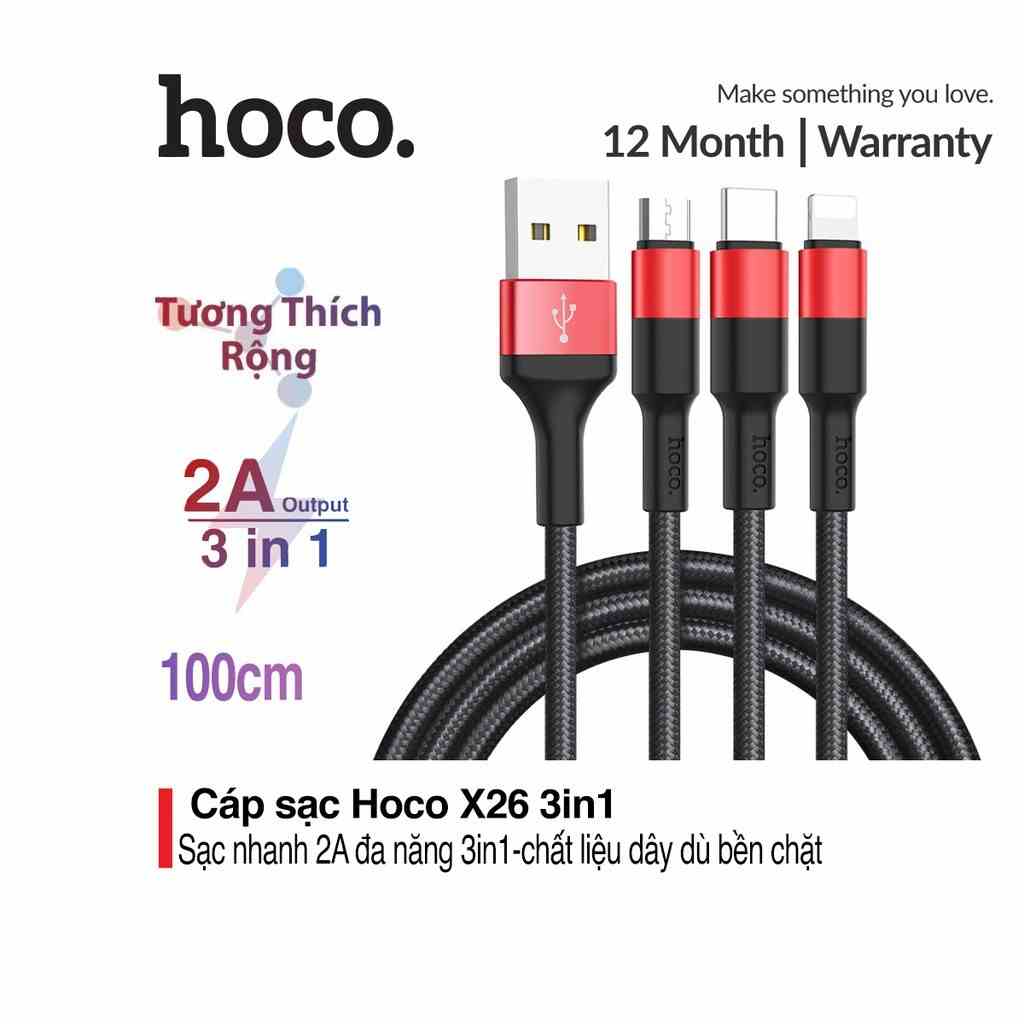 [Mã BMLTA35 giảm đến 35K đơn 99K] Cáp sạc 3 đầu hoco. X26 dây dù siêu bền chuẩn sạc nhanh 2A dài 1M