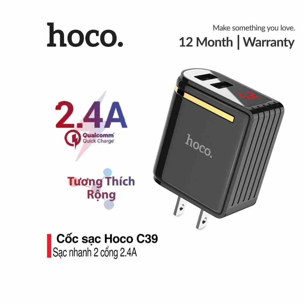 Củ sạc nhanh 2.4A Hoco C39 chuôi dẹt 2 cổng Usb tích hợp màn hình Led chất liệu PC chống cháy