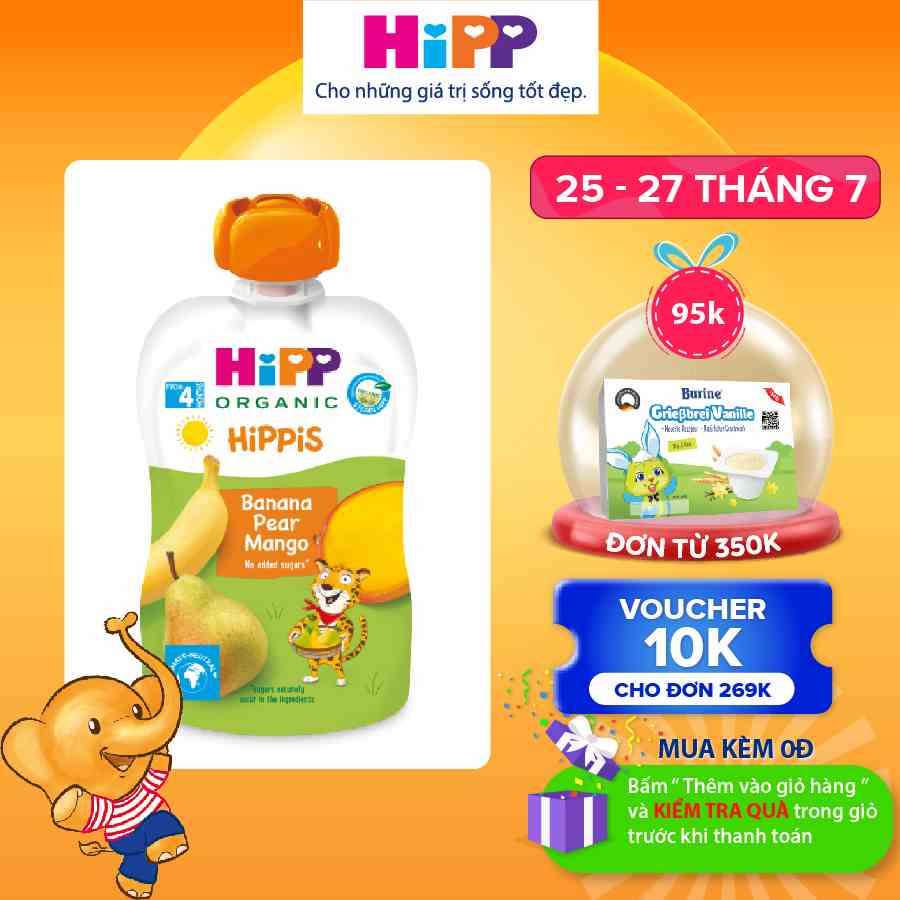 Dinh dưỡng 100% Trái cây nghiền Organic HiPPiS Chuối, Lê, Xoài 100g - Nhập khẩu Áo