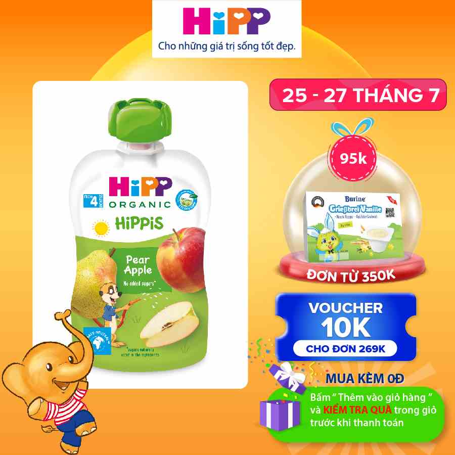 Dinh dưỡng 100% Trái cây nghiền Organic HiPPiS Lê, Táo 100g - Nhập khẩu Áo