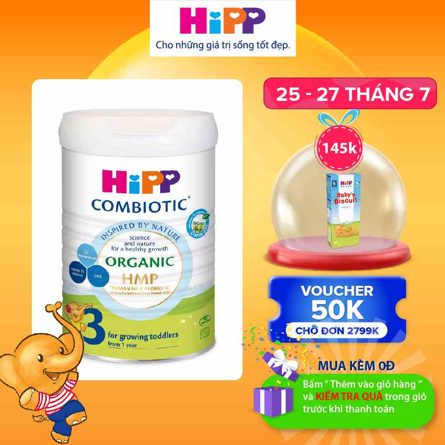 Sữa bột công thức HiPP 3 Organic Combiotic 800g hỗ trợ tiêu hóa và tăng chiều cao dành cho trẻ nhỏ