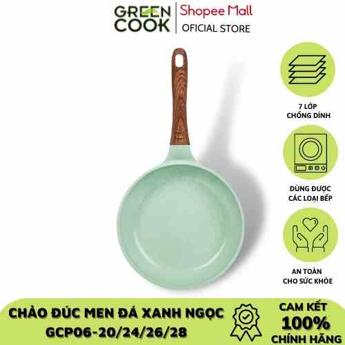 Chảo đúc đáy từ chống dính men đá ceramic xanh ngọc Green Cook GCP06 size 20-24-26-28 cm công nghệ Hàn Quốc