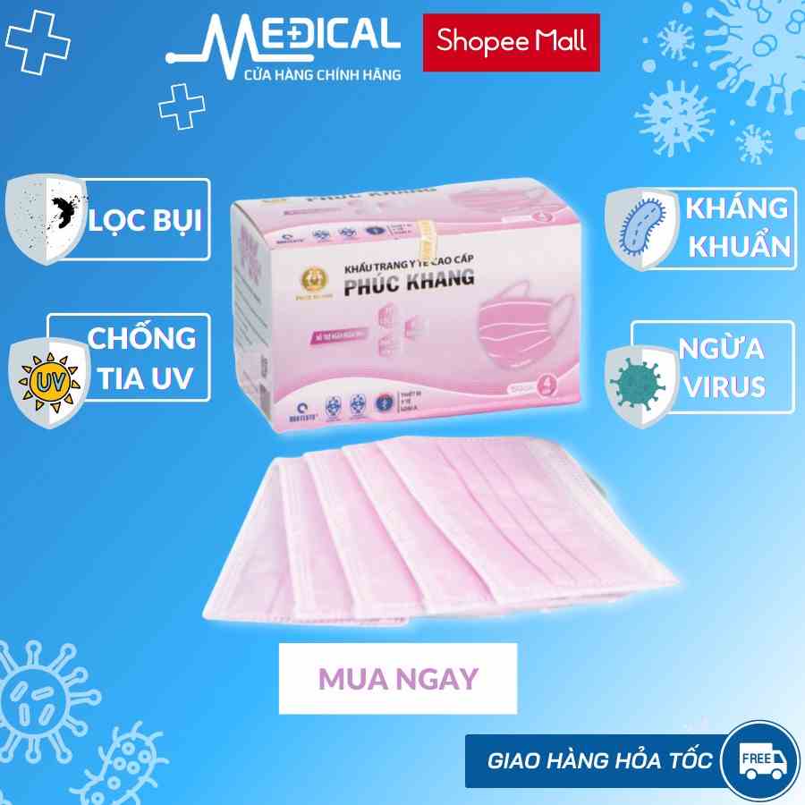 Khẩu trang y tế 4 lớp cao cấp PHÚC KHANG có giấy lọc kháng khuẩn màu trắng, hồng hộp 50 cái - MEDICAL