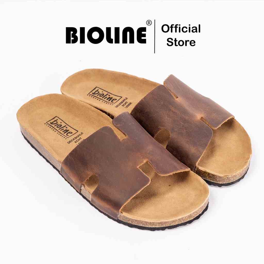 ( Mẫu Da Thật ) D04 - Dép Birken Đế Trấu BIOLINE Official Thiết Kế Unisex Quai Chữ H Da Bò