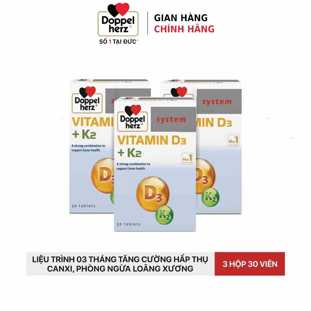 Liệu trình 03 tháng tăng cường hấp thụ Canxi, phòng ngừa loãng xương Doppelherz Vitamin K2 D3 (03 hộp, 30 viên/hộp)