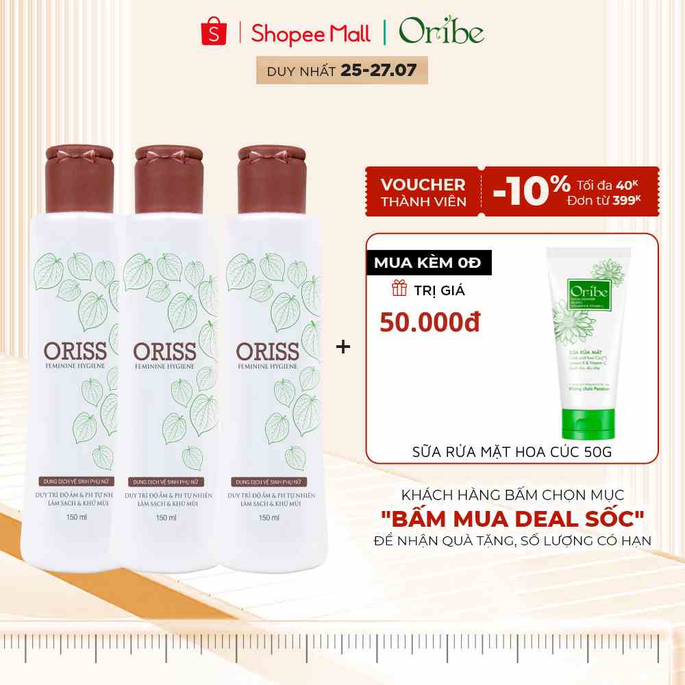 Combo 3 Dung Dịch Vệ Sinh Phụ Nữ Oribe Dịu Nhẹ Hỗ Trợ Khử Mùi, Không Gây Khô Rát - 450ml