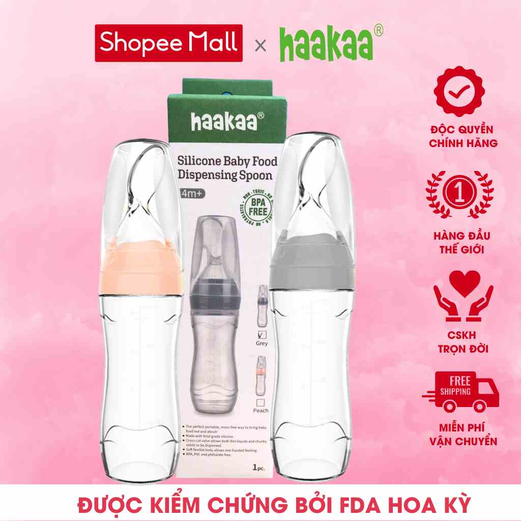 [Mã BMLT35] Bình thìa ăn dặm silicon cho bé Haakaa. Dung tích 120ml. Hỗ trợ bé uống sữa, uống nước, ăn cháo