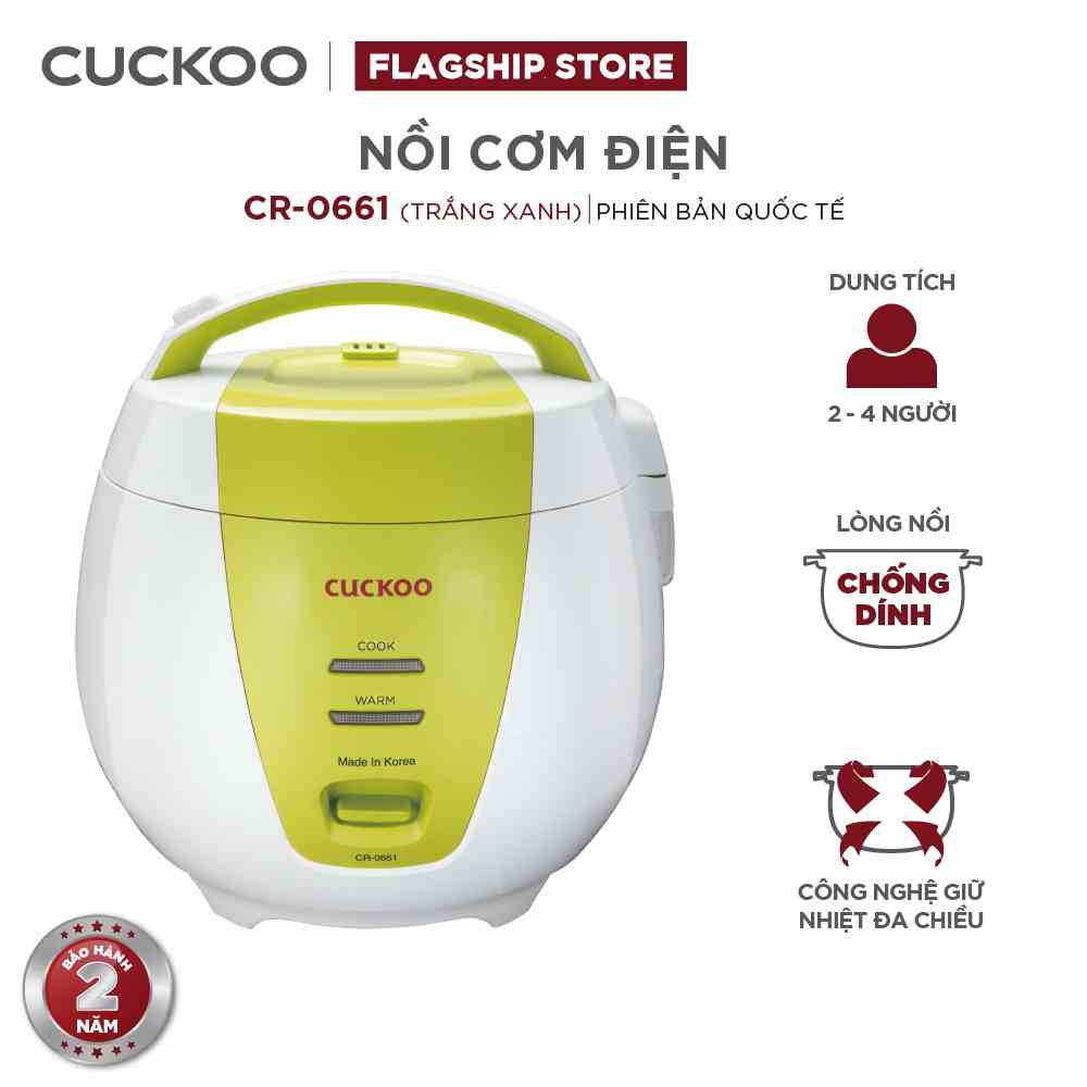 [Mã ELHACE01 giảm 12% đơn 300K] Nồi cơm điện Cuckoo 1.08L CR-0661G, lòng nồi chống dính, giữ ấm đến 24 tiếng