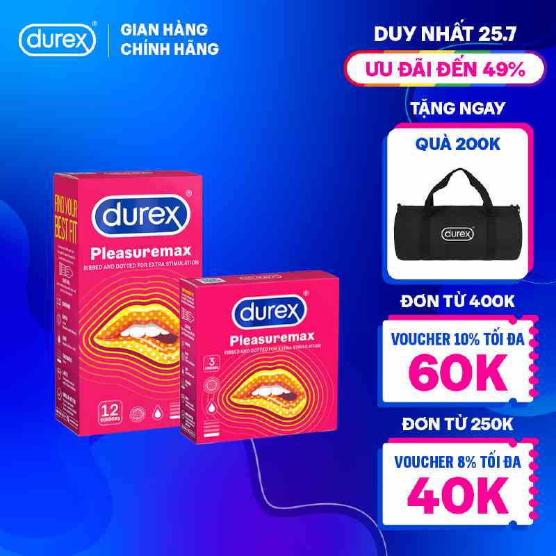 Bộ bao cao su Durex Pleasuremax gân gai, size 56mm, 1 hộp 12 bao và 1 hộp 3 bao