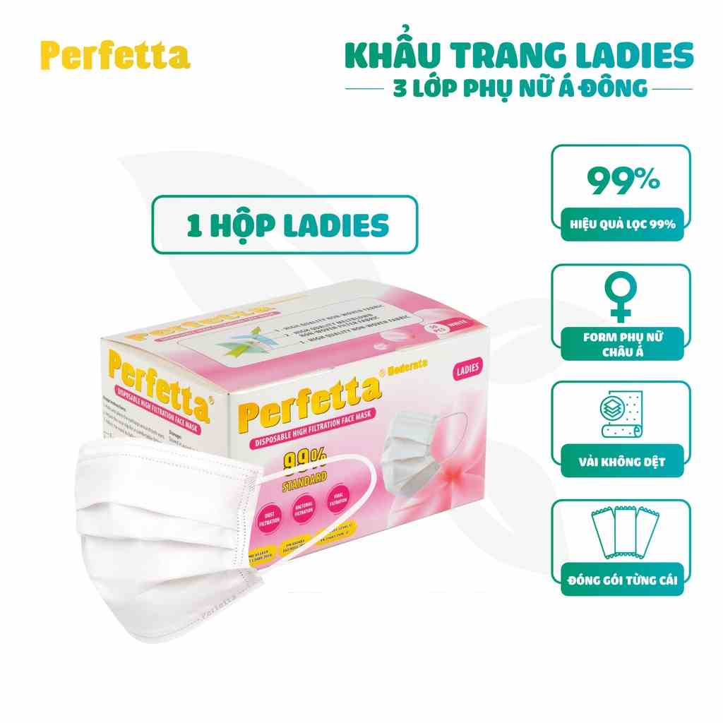 [Mã BMLTB35 giảm đến 35K đơn 99K] Trang Y Tế Cao Cấp Perfetta Ladies 3 Lớp Cho Phụ Nữ Có Gương Mặt Nhỏ (50 cái/hộp)