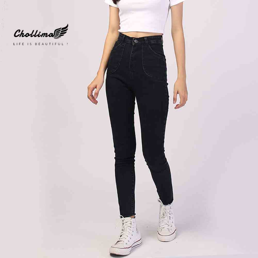 Quần jeans nữ co giãn Chollima cạp siêu cao đắp 2 túi tròn QD003 phong cách hàn quốc