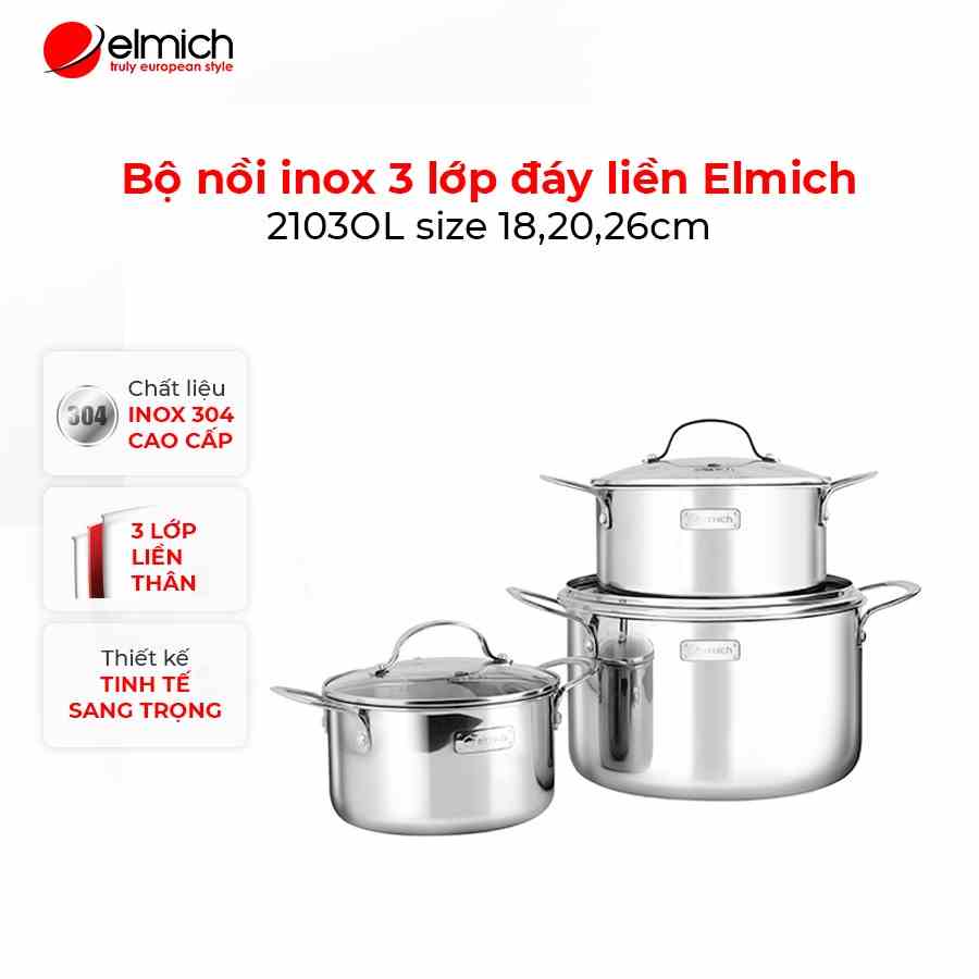 [LIFEMCMBP4 -12% đơn 250K] Bộ nồi inox 3 lớp đáy liền Elmich 2103OL size 18,20,26cm