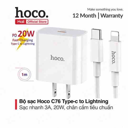 Bộ sạc nhanh Hoco C76 Plus kèm cáp Type-C to PD20W.  sạc nhanh 3A, PD 20W iPhone/iPad dài 1m, chân cắm ( US )