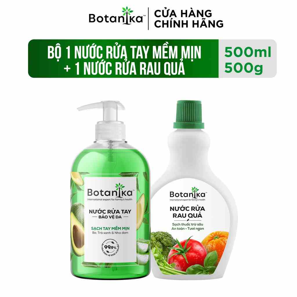 Bộ 1 Nước rửa rau quả BOTANIKA 500ml + 1 Nước rửa tay BOTANIKA bơ,trà xanh & nha đam 500ml