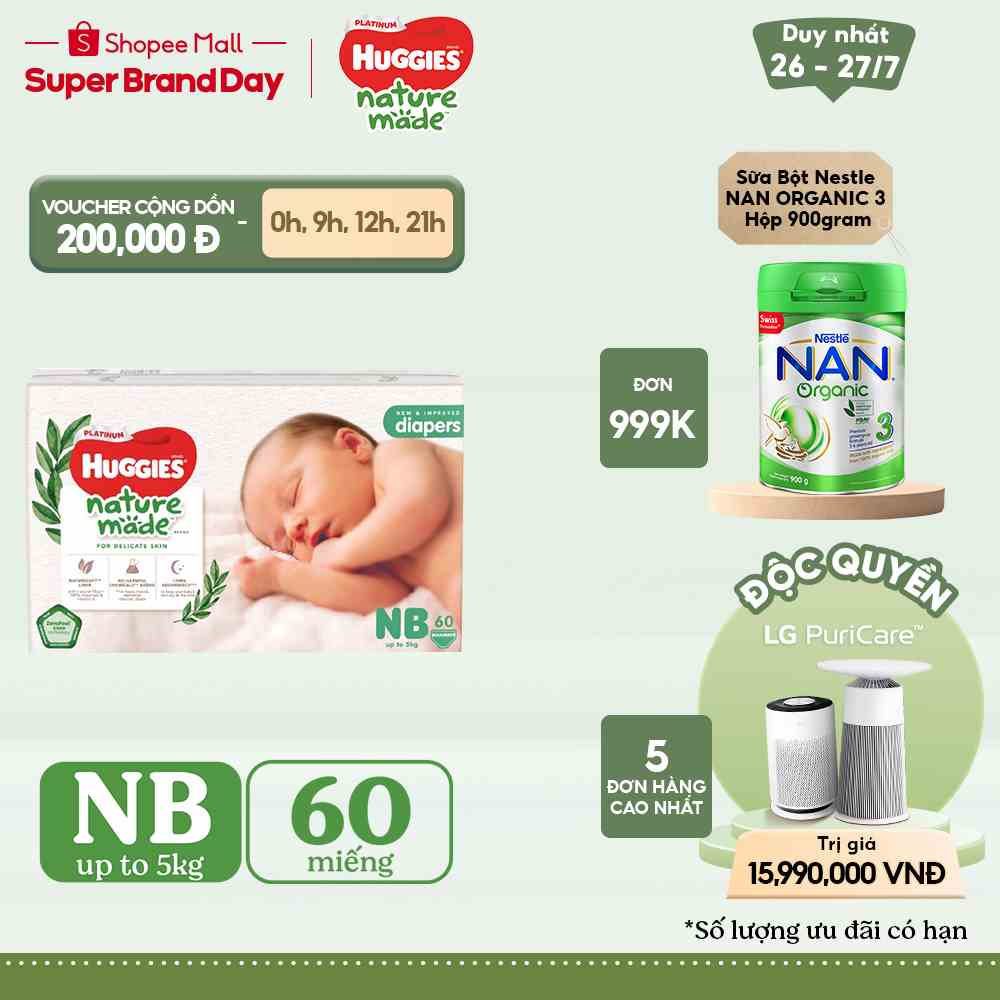 Tã Dán Huggies Platinum Nature Made Size NB60/S82/M64/L54/XL44/XXL36