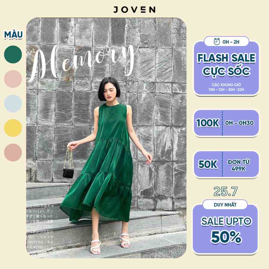 Đầm maxi, váy đi biển xanh lá sang chảnh lụa organza cao cấp JOVEN, thiết kế tầng xòe suông dáng dài, đi biển đi dạo phố