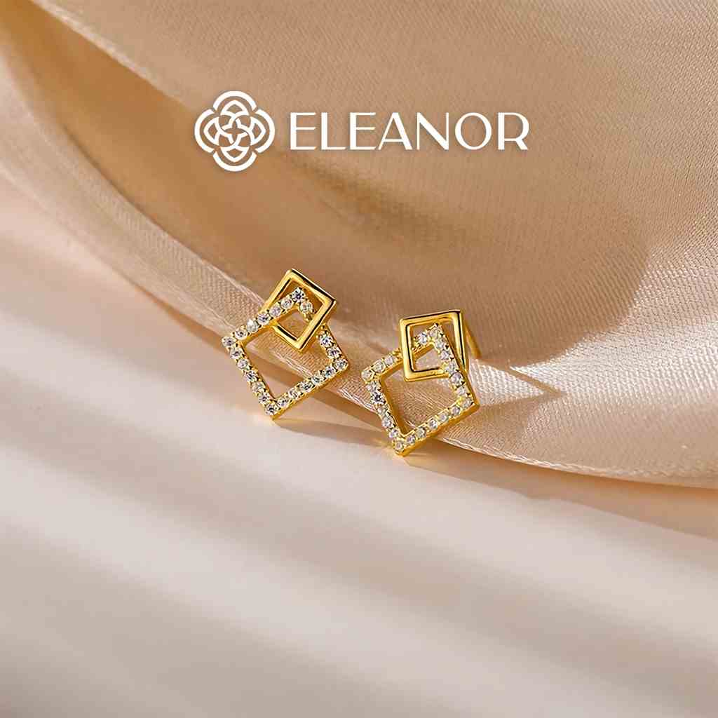 Bông tai nữ chuôi bạc 925 Eleanor Accessories hình vuông đính đá phụ kiện trang sức 3024