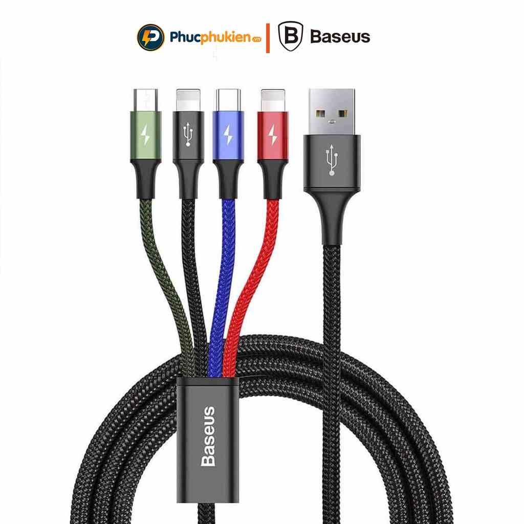 Cáp sạc nhiều đầu Baseus Rapid gồm 2 đầu iPh + 1 đầu Micro Usb + 1 đầu Type C - Phúc Phụ Kiện Bảo hành 12 tháng 1 đổi 1