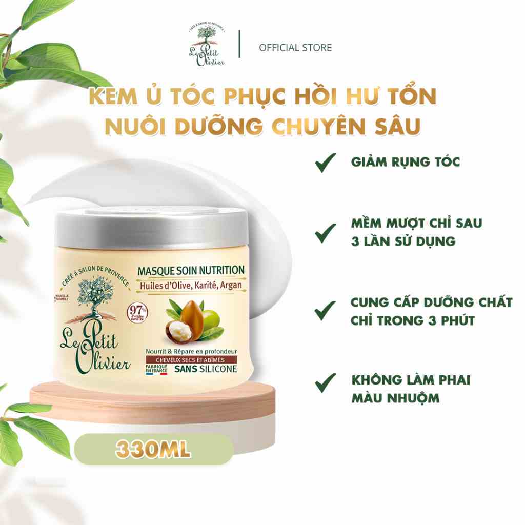 Kem ủ tóc Le Petit Olivier phục hồi và nuôi dưỡng tóc chuyên sâu tinh chất Argan, Bơ Hạt Mỡ, dầu Olive 330ml