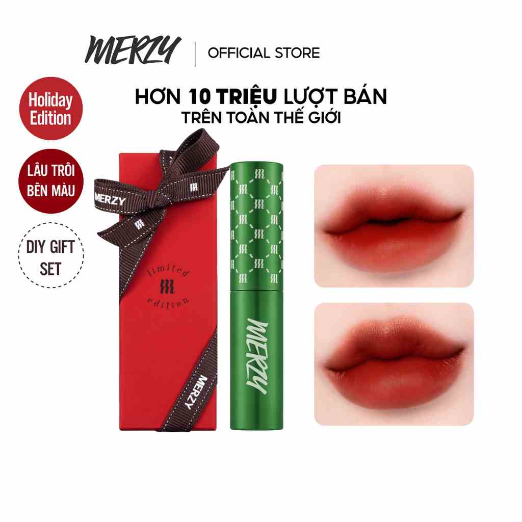 [Phiên bản tự thắt nơ] Son Kem Lì Merzy The First Velvet Tint 4.5g (V6 green vỏ xanh, Hộp đỏ kèm ruy băng)