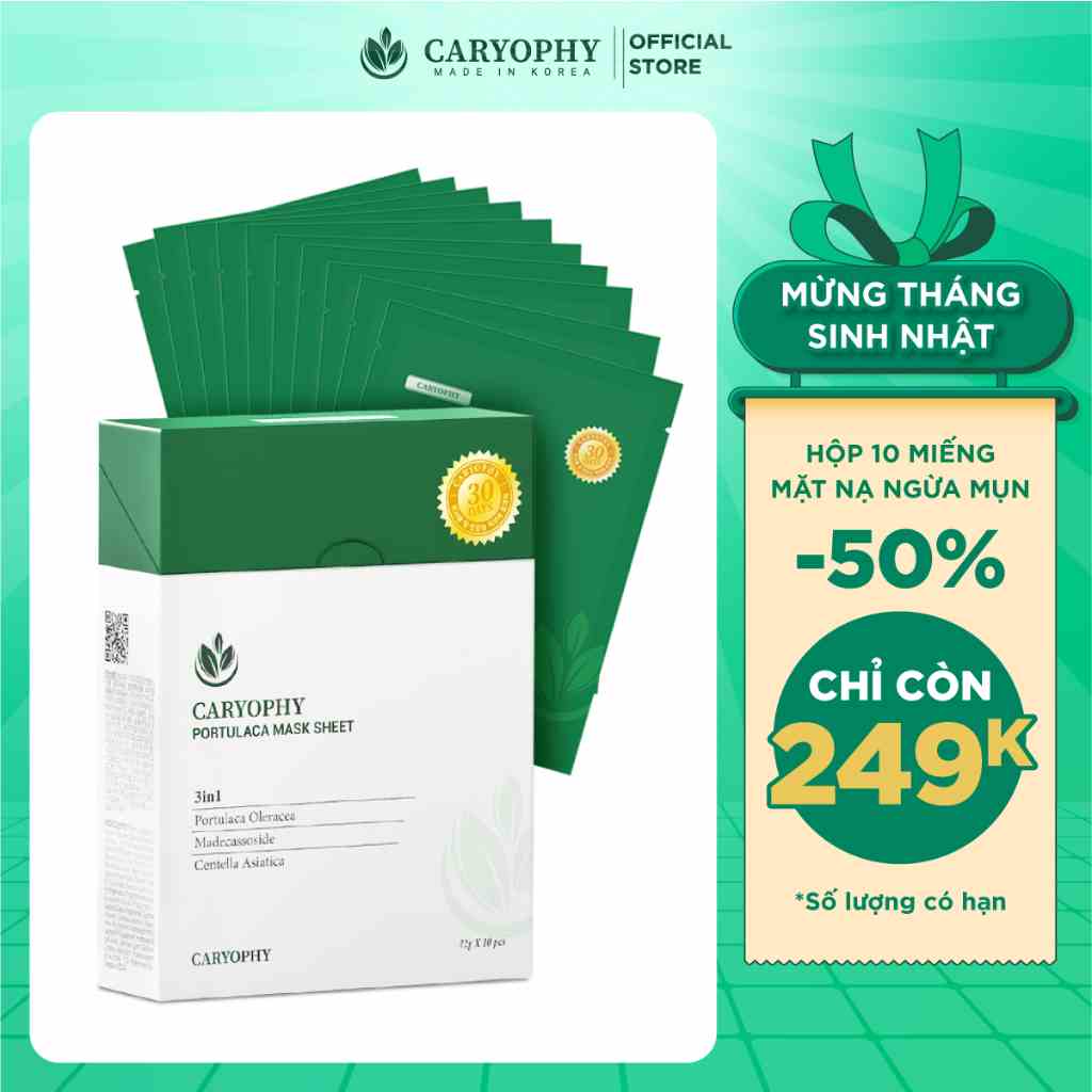 Hộp 10 mặt nạ dưỡng ẩm giảm mụn mờ thâm Caryophy Portulaca Mask Sheet