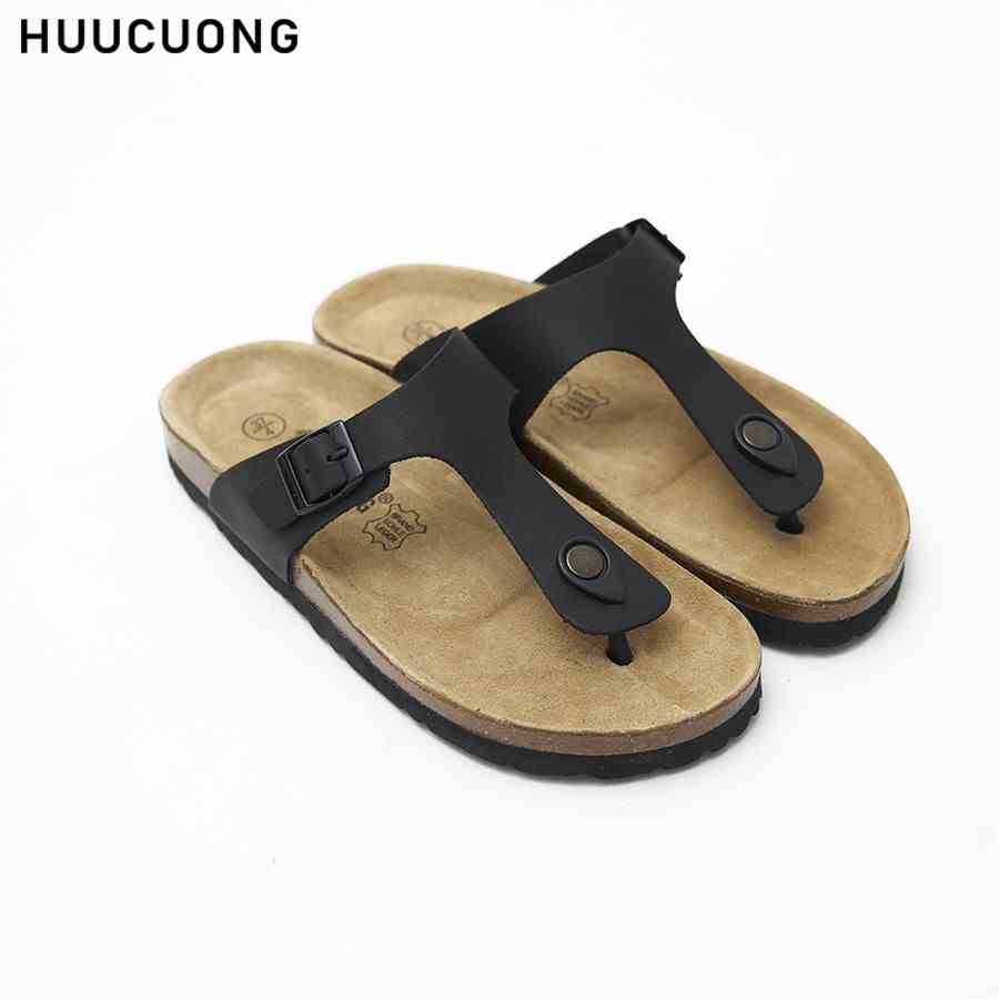 Dép unisex Huucuong kẹp ngón da bò đen