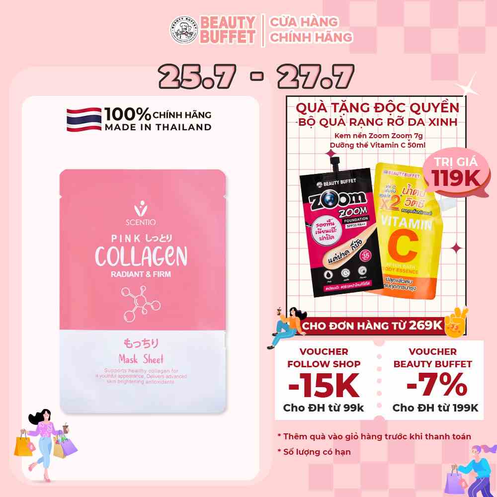 Mặt nạ giấy dưỡng sáng và trẻ hóa da Beauty Buffet Scentio Pink Collagen (1 miếng)