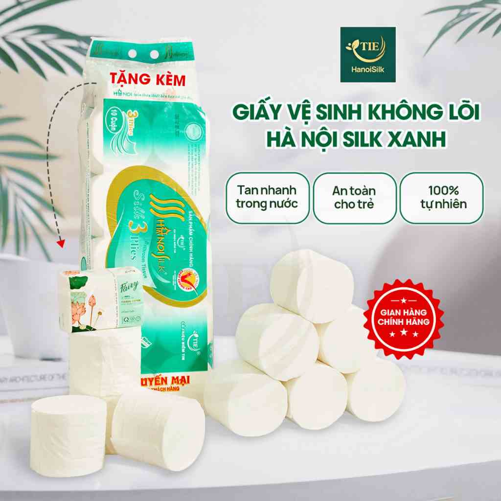 Giấy Vệ Sinh Hà Nội Silk 3 Lớp 1.8kg Xanh Không Lõi Mềm Mịn Tan Nhanh Trong Nước, Tặng Kèm Giấy Rút 270 Tờ