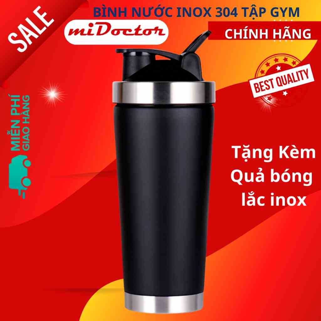 Bình lắc inox shaker tập gym, tập thể thao, quai xách – Kèm Bóng Lò Xo Lắc - Chính hãng miDoctor