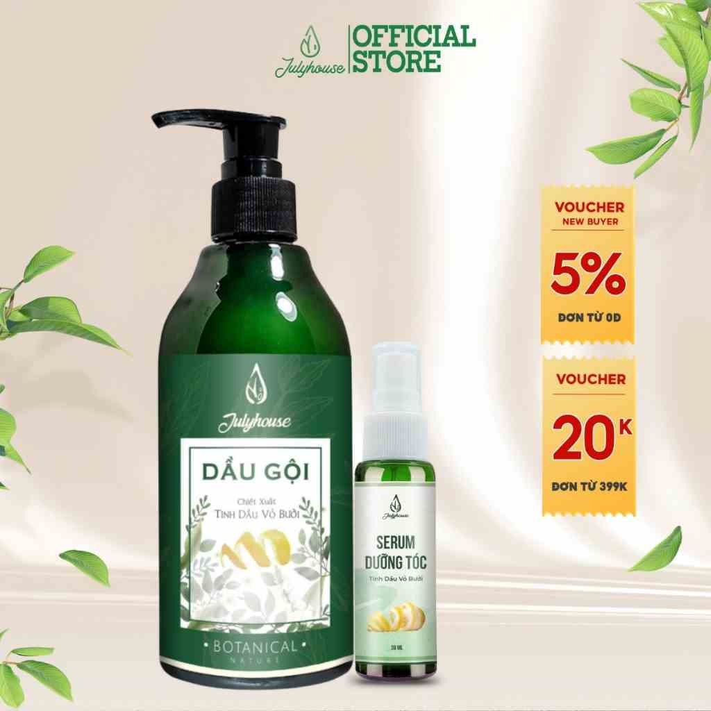 Dầu gội Bưởi JULYHOUSE 300ml và Serum dưỡng tóc tinh dầu Bưởi 38ml ngăn ngừa gãy rụng, dưỡng tóc suôn dài óng mượt