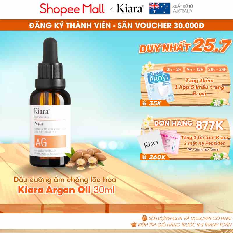 Dầu dưỡng ẩm chống lão hóa sáng da Kiara Argan Oil 30ml