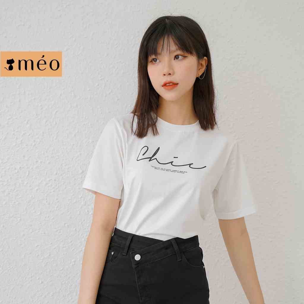 Áo thun tay lỡ Méo shop phông nữ cổ tròn cotton in chữ Chic freesize form rộng