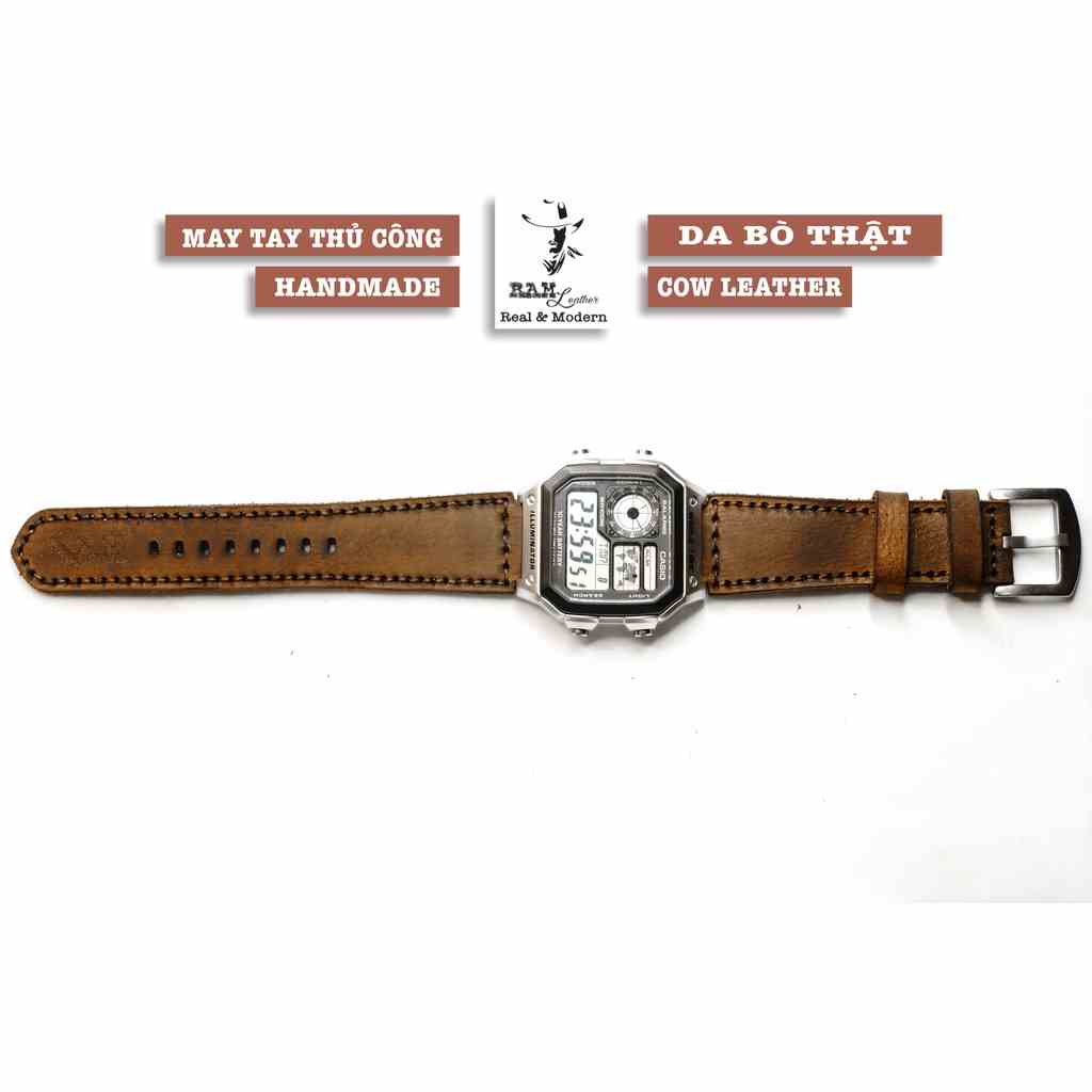 Dây Đồng Hồ Da Thật RAM Leather Cho Casio AE 1200 WHD và đồng hồ dây 18mm Da Bò Sáp RAM Leather  Bền Đẹp