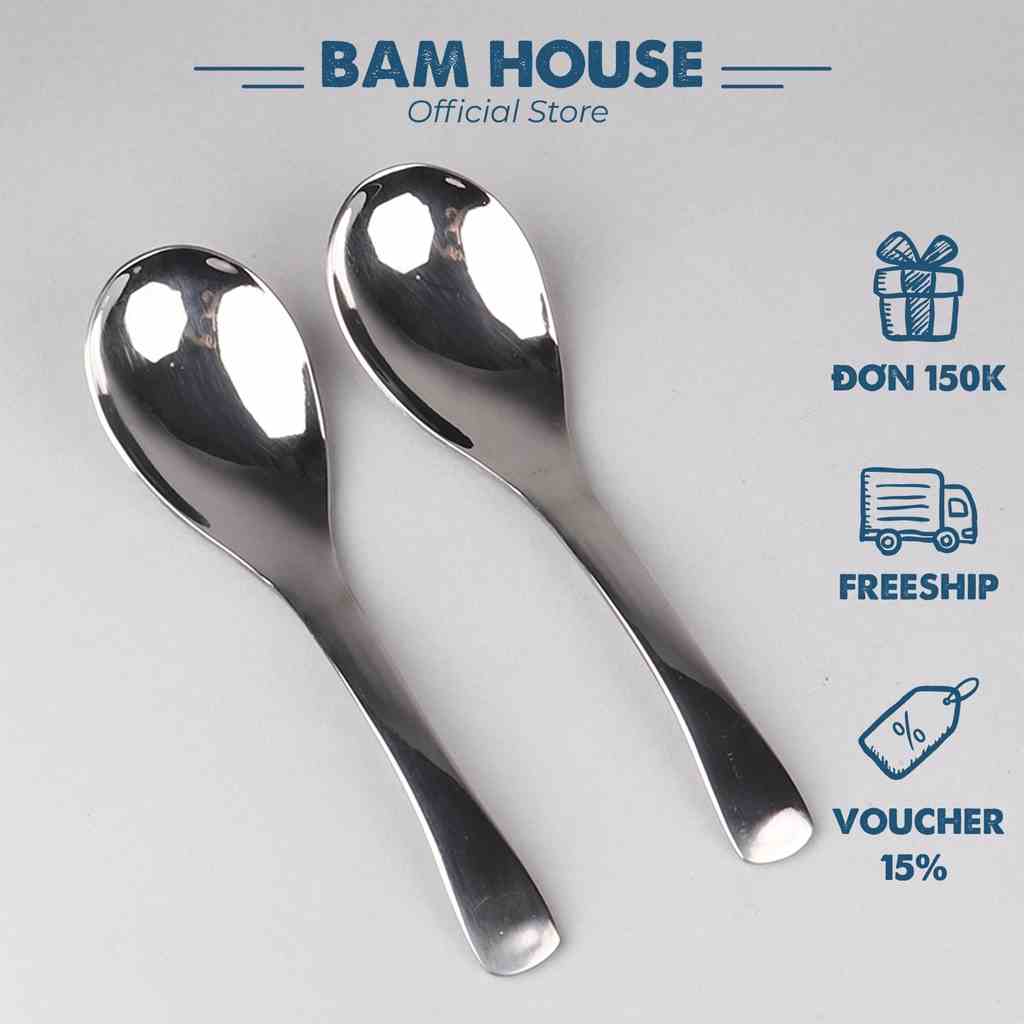 Muỗng canh bầu tròn inox Bam House cán cong loại dày cao cấp MCC01 - Gia dụng bếp